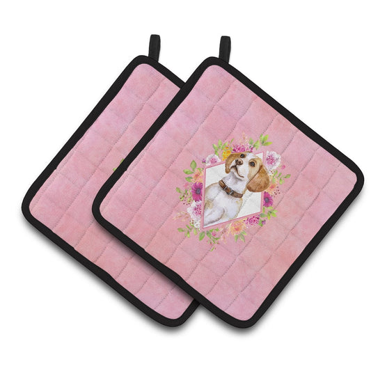 Carolines Treasures CK4117PTHD Beagle Pink Flowers Pair of Pot Holders 7.5HX7.5W multicolor