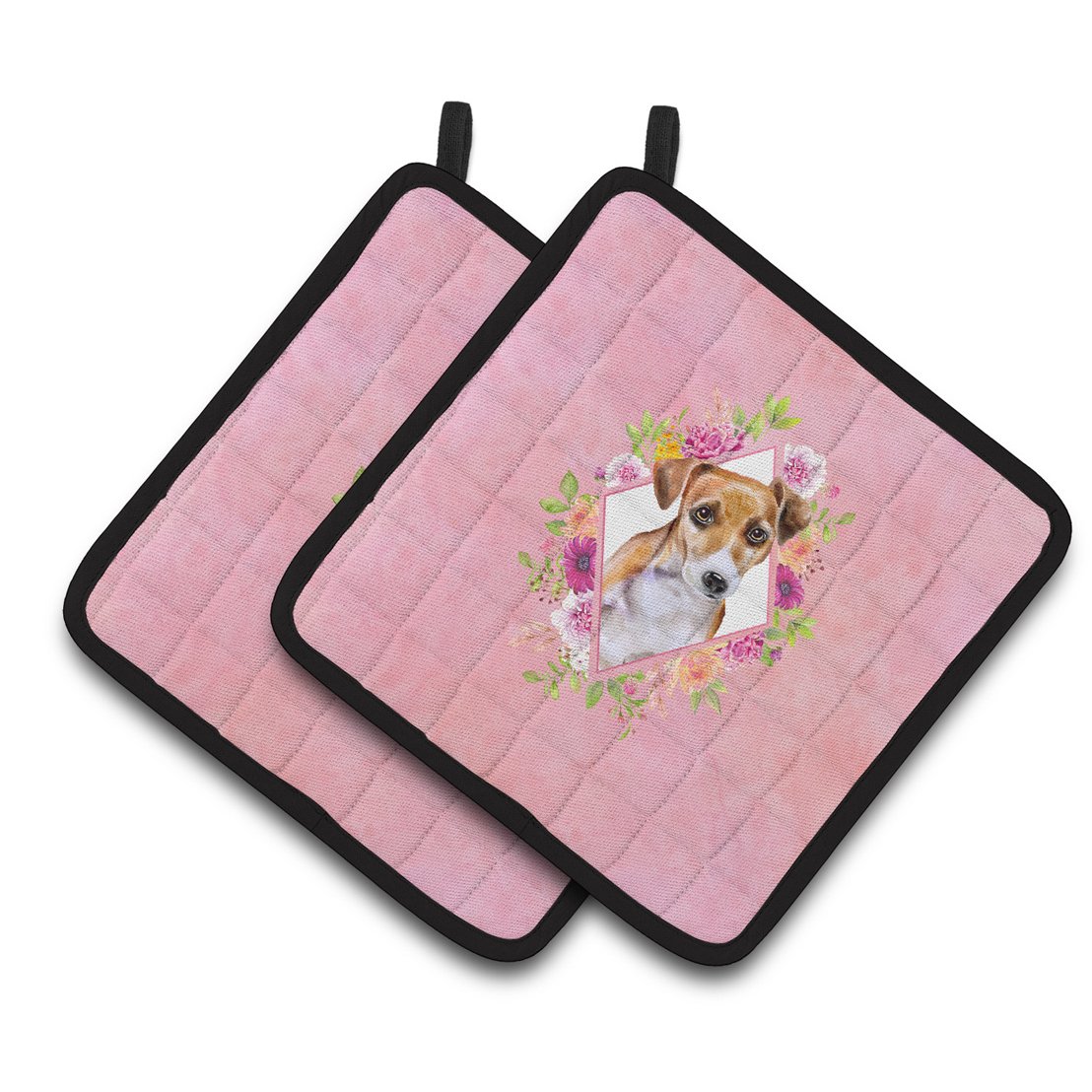 Carolines Treasures CK4155PTHD Jack Russell Terrier 1 Pink Flowers Pair of Pot Holders 7.5HX7.5W multicolor