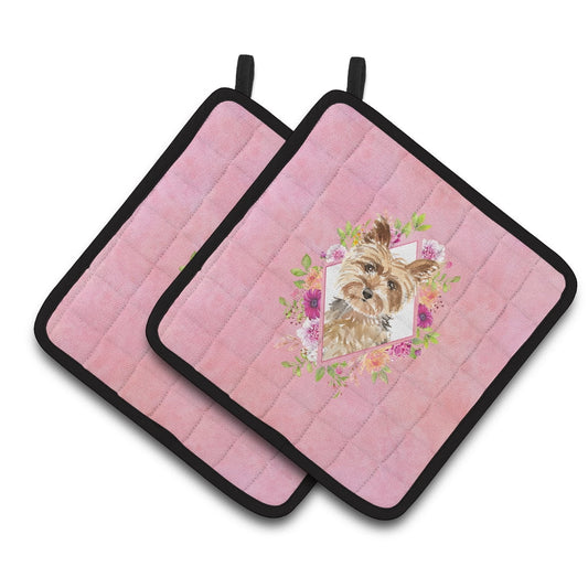 Carolines Treasures CK4197PTHD Yorkie Pink Flowers Pair of Pot Holders 7.5HX7.5W multicolor