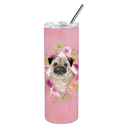 Carolines Treasures CK4218TBL20 Fawn Pug Pink Flowers Stainless Steel 20 oz Skinny Tumbler 20 oz multicolor