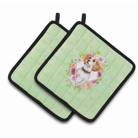 Carolines Treasures CK4277PTHD 7.5 x 7.5 in. Beagle Green Flowers Pair of Pot Holders
