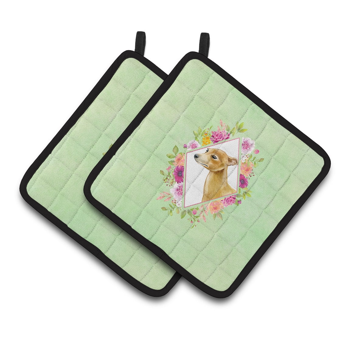 Carolines Treasures CK4314PTHD Italian Greyhound Green Flowers Pair of Pot Holders 7.5HX7.5W multicolor