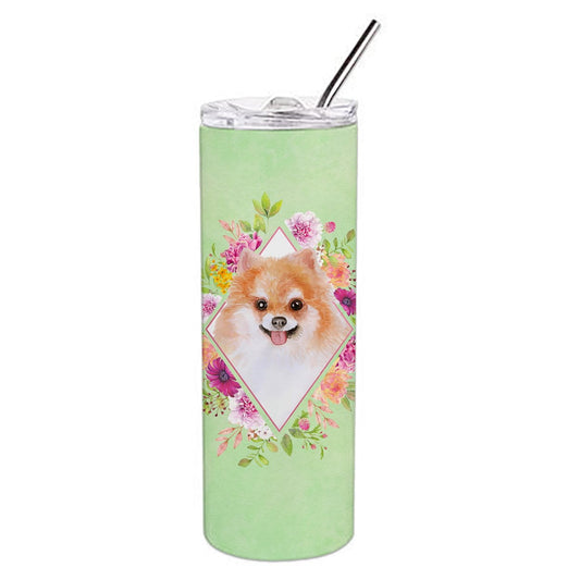Carolines Treasures CK4329TBL20 Pomeranian Design1 Green Flowers Stainless Steel 20 oz Skinny Tumbler 20 oz multicolor