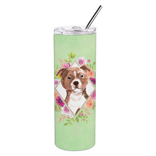 Carolines Treasures CK4368TBL20 Staffie Bull Terrier Green Flowers Stainless Steel 20 oz Skinny Tumbler 20 oz multicolor