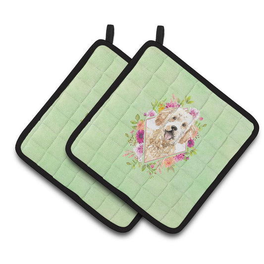 Goldendoodle Green Flowers Pair of Pot Holders