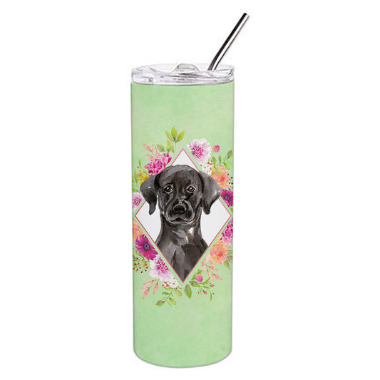 Carolines Treasures CK4421TBL20 Black Labrador Green Flowers Stainless Steel 20 oz Skinny Tumbler 20 oz multicolor