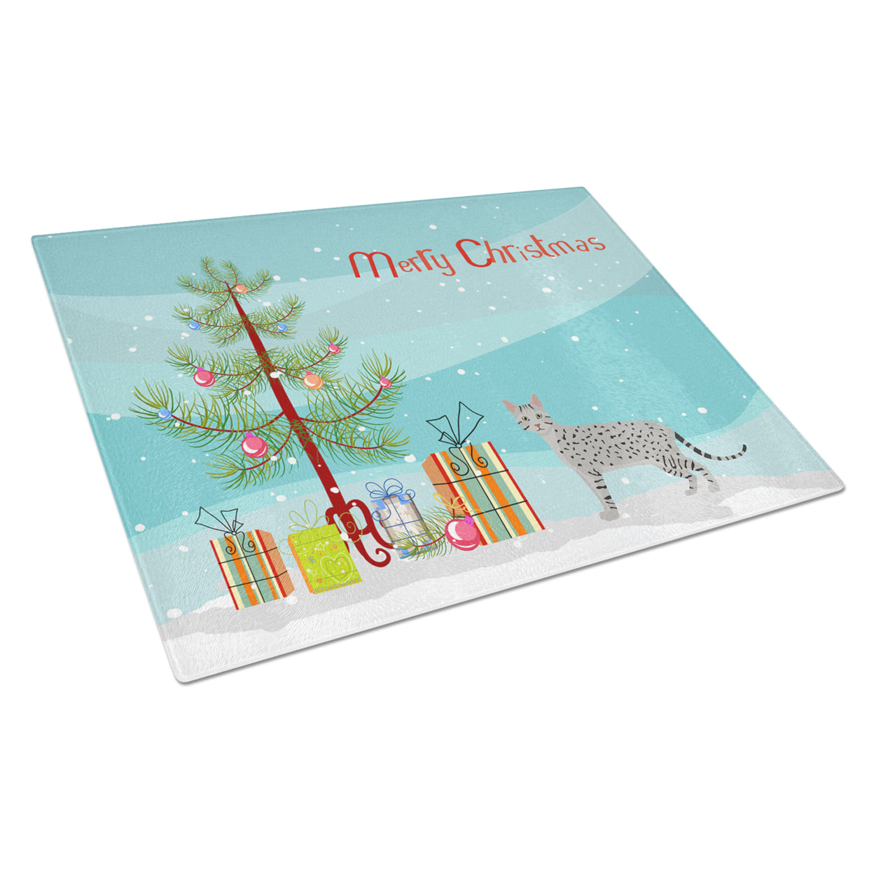 Carolines Treasures CK4614LCB Egyptian Mau Cat Merry Christmas Glass Cutting Board Large, 12H x 16W, multicolor