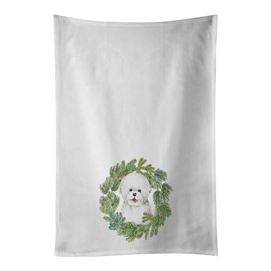 Carolines Treasures CK8911WTKT 28 x 19 in. Unisex Bichon Frise Smiling Christmas Wreath White Dish Towels Kitchen Towel - Set of 2