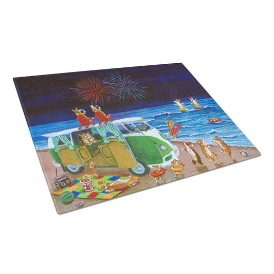 Carolines Treasures Corgi Beach Party Volkswagon Bus Fireworks Glass Cutting Board Large 12H x 16W multicolor