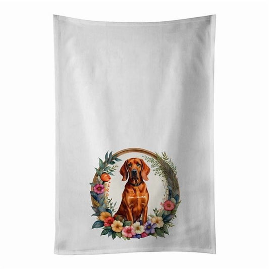 Redbone Coonhound and Flowers Kitchen Towel Set of 2 White Dish Towels 19 in x 28 in