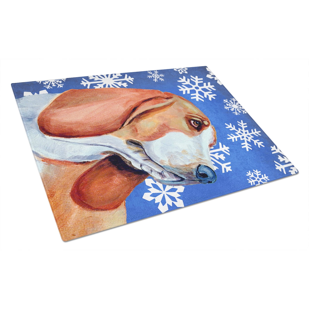 Carolines Treasures LH9287LCB Basset Hound Winter Snowflakes Holiday Glass Cutting Board Large, 12H x 16W, multicolor