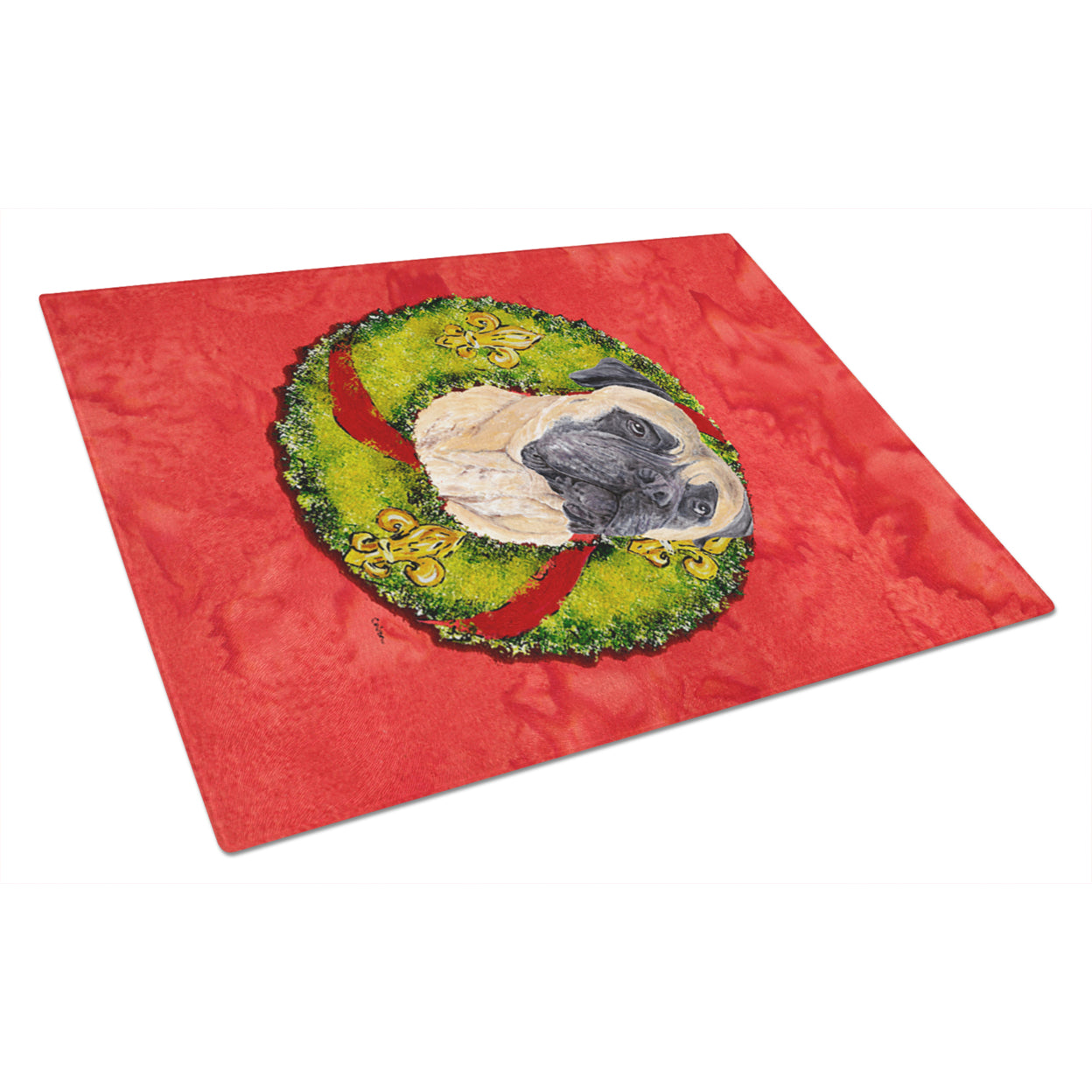 Carolines Treasures SC9087LCB Mastiff Christmas Wreath Glass Cutting Board Large, 12H x 16W, multicolor