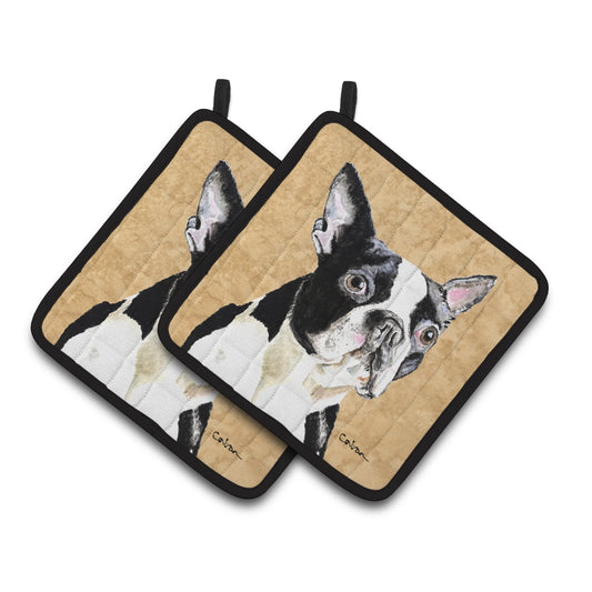 Carolines Treasures SC9140PTHD Boston Terrier Wipe your Paws Pair of Pot Holders 7.5HX7.5W multicolor