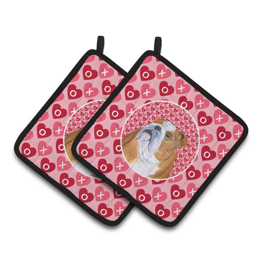 Bulldog English Hearts Love Valentine's Day Pair of Pot Holders