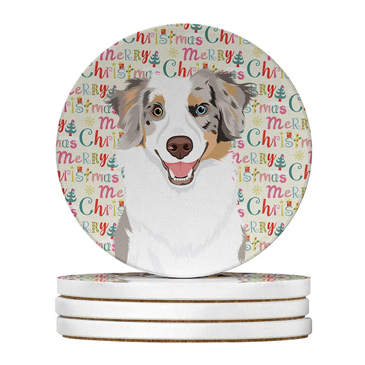 Carolines Treasures WDK2075RCS4 4 x 4 in. Unisex Australian Shepherd Red Merle Tricolor No.1 Christmas Large Sandstone Coasters - Pack of 4