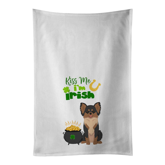 Longhaired Black and Tan Chihuahua St. Patrick's Day White Kitchen Towel Set of 2 Dish Towels 19 in x 28 in