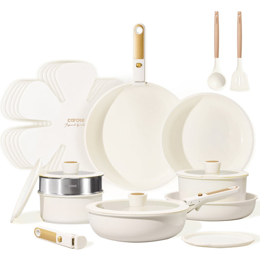 Carote 21 Pieces Pots and Pans Set with Detachable Handle, Ceramic Non Stick Non Toxic Kitchen Cookware Set with Induction, Oven/Dishwasher Safe, Granite White