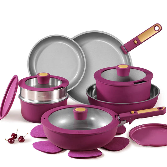 Carote 21-Piece Nonstick Pots and Pans Set, Kitchen Cookware Set with Detachable Handle, Induction Compatible, Purple