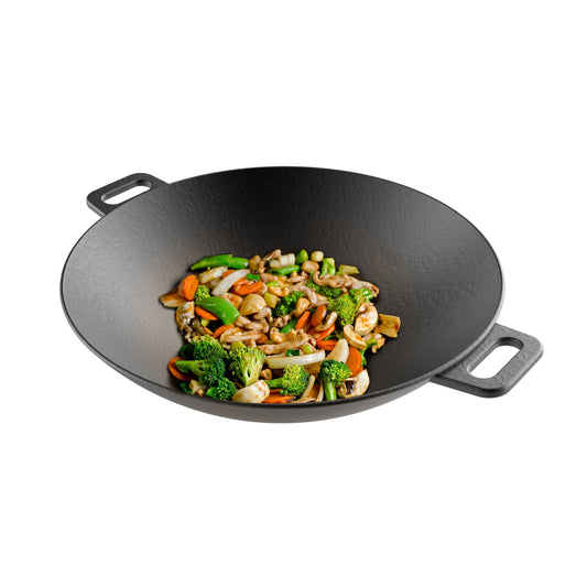 Cast Iron Wok-14â€ Pre-Seasoned, Flat Bottom Cookware with Handles-Compatible by Classic Cuisine