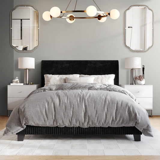 Castle Place Chic Corduroy Velvet Upholstered Queen Bed, Black