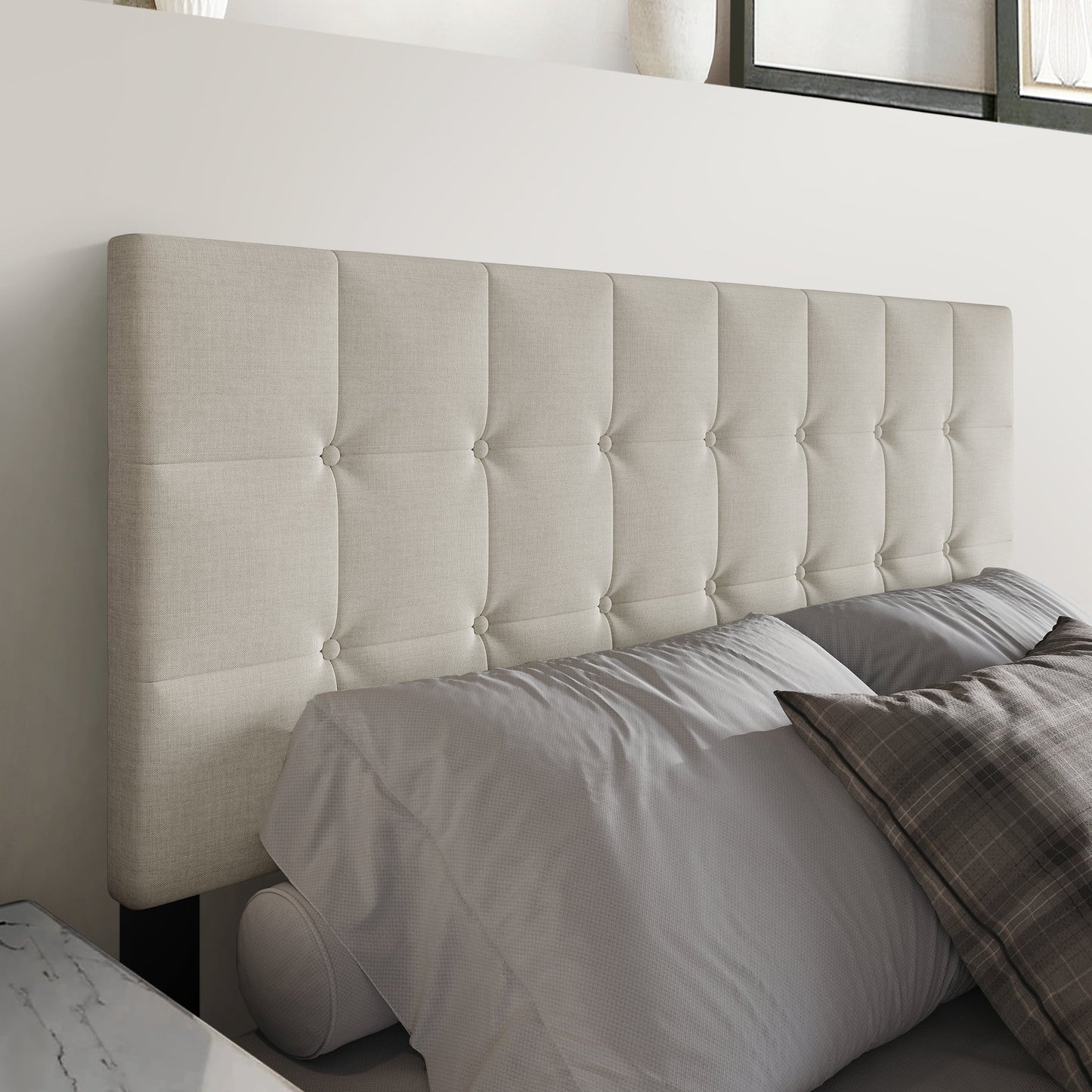 Castle Place Queen Upholstered Headboard, Button-Tufted Linen, Warm Grey