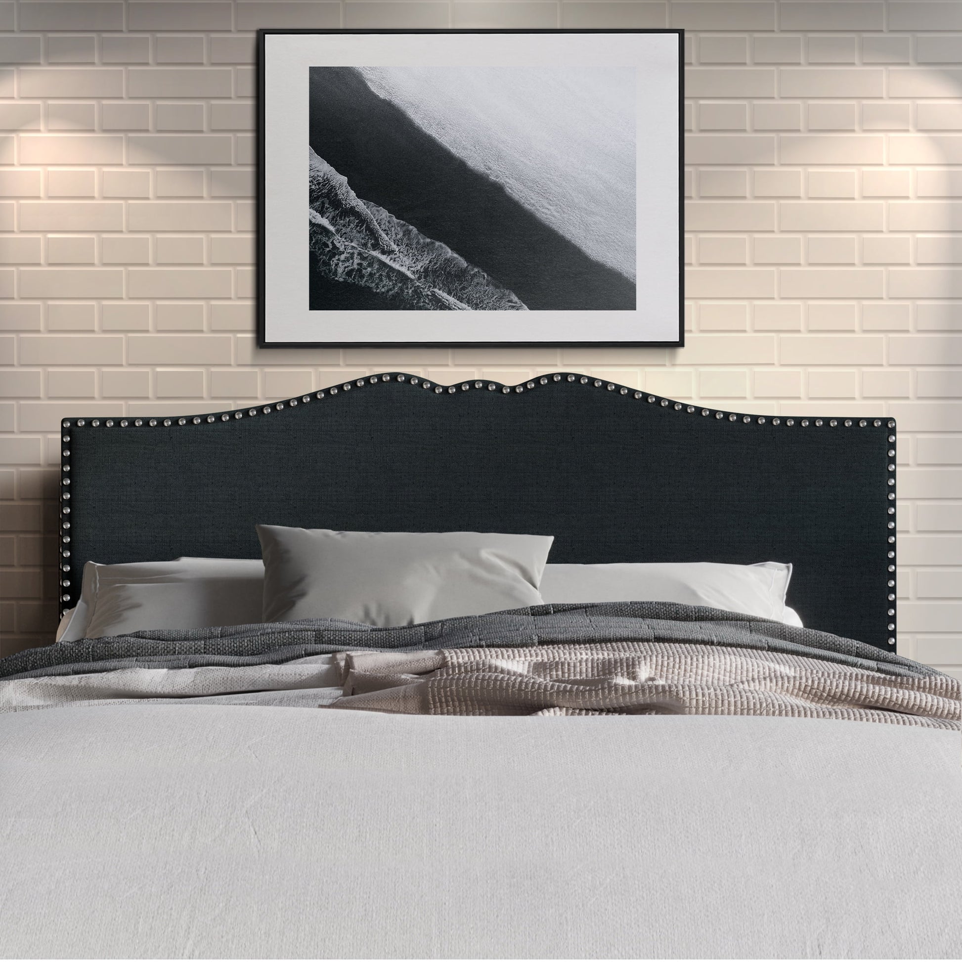 Castle Place Curved Upholstered Nailhead Trim Linen Headboard, Charcoal Grey, Queen