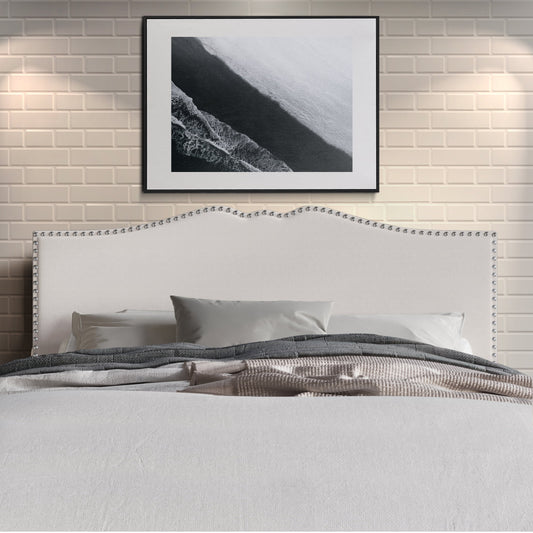 Castle Place Curved Upholstered Nailhead Trim Linen Headboard, Warm Grey, Twin