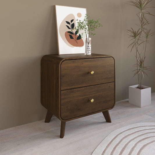 Castle Place Mid-Century 2 Drawer Wooden Nightstand, Light Oak