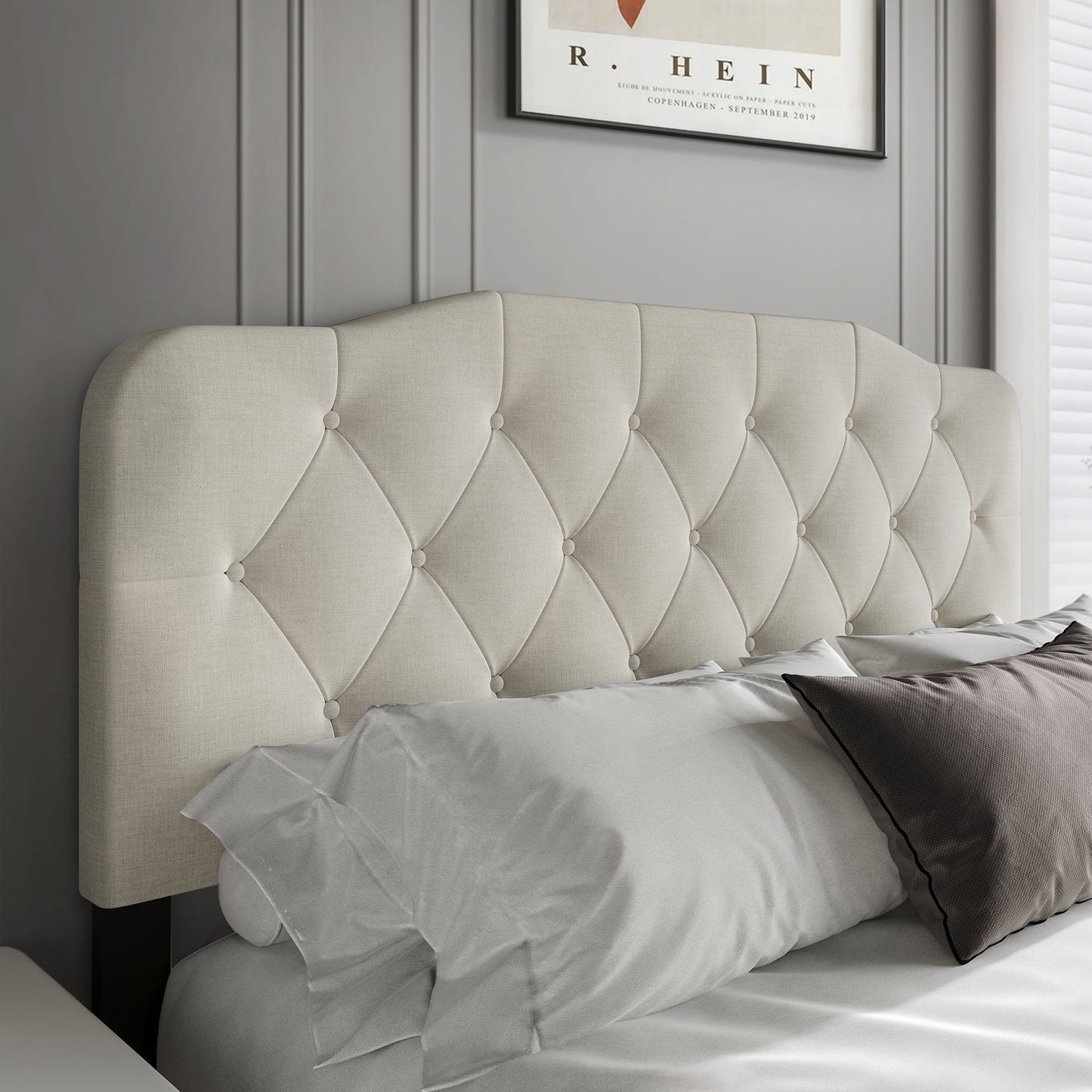 Castle Place Modern Button-Tufted Linen Full Upholstered Headboard, Warm Grey
