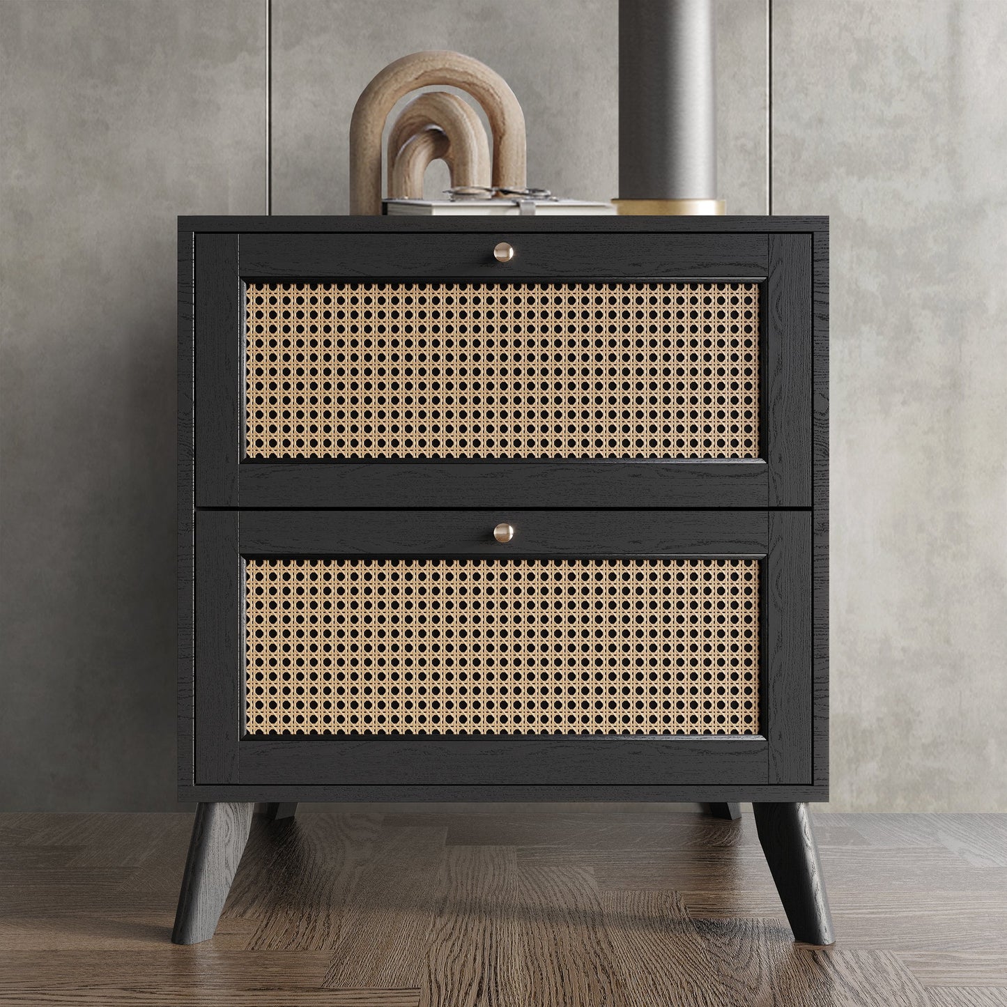 Castle Place Rattan 2 Drawers Wooden Nightstand, Black