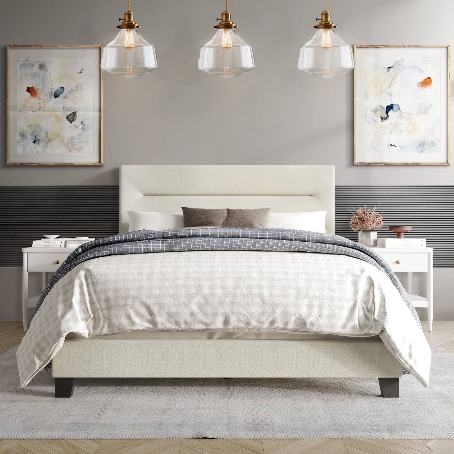 Castle Place Simple Linen Upholstered Twin Bed, Beige