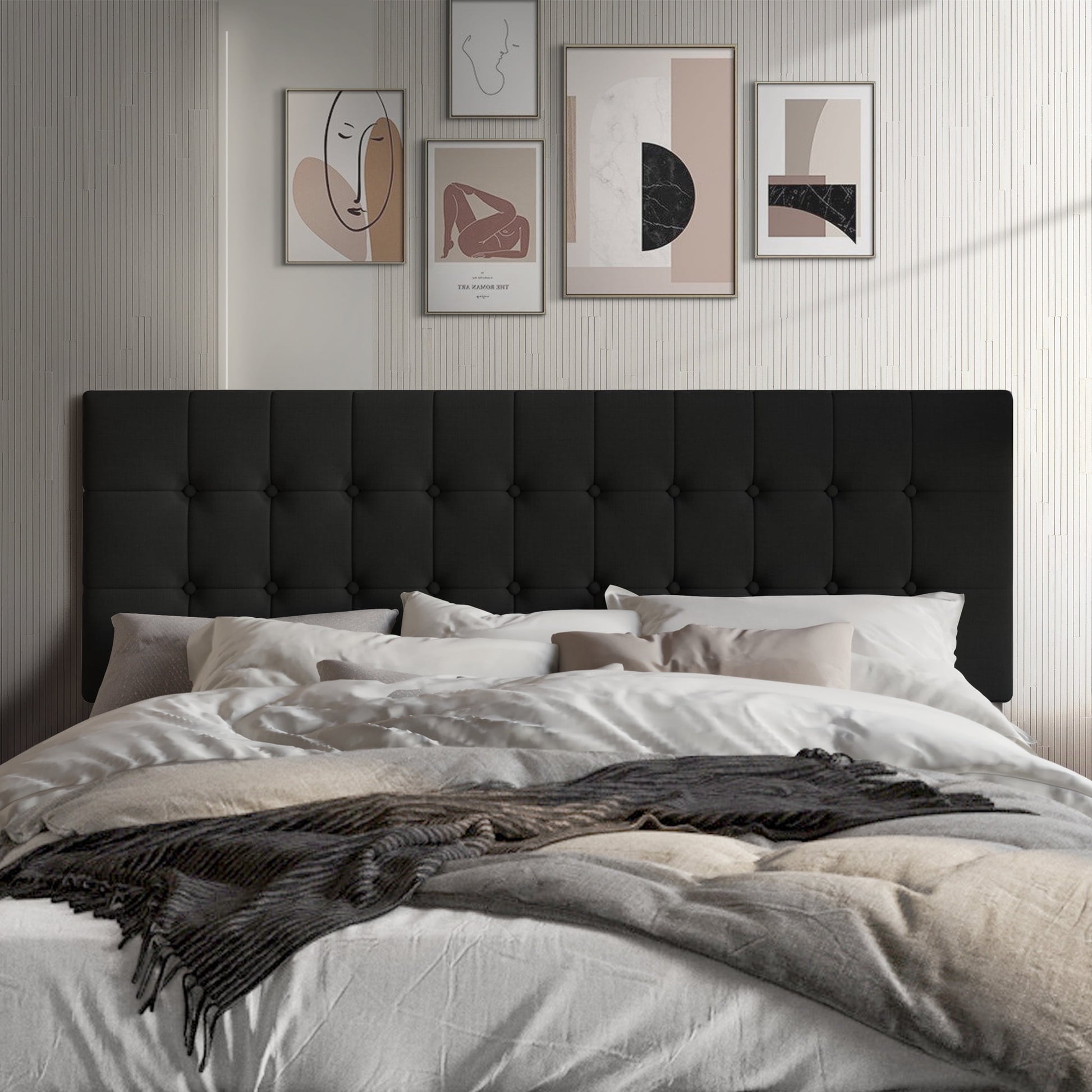 Castle Place Upholstered Button Tufted Linen Headboard, Warm Grey, Full