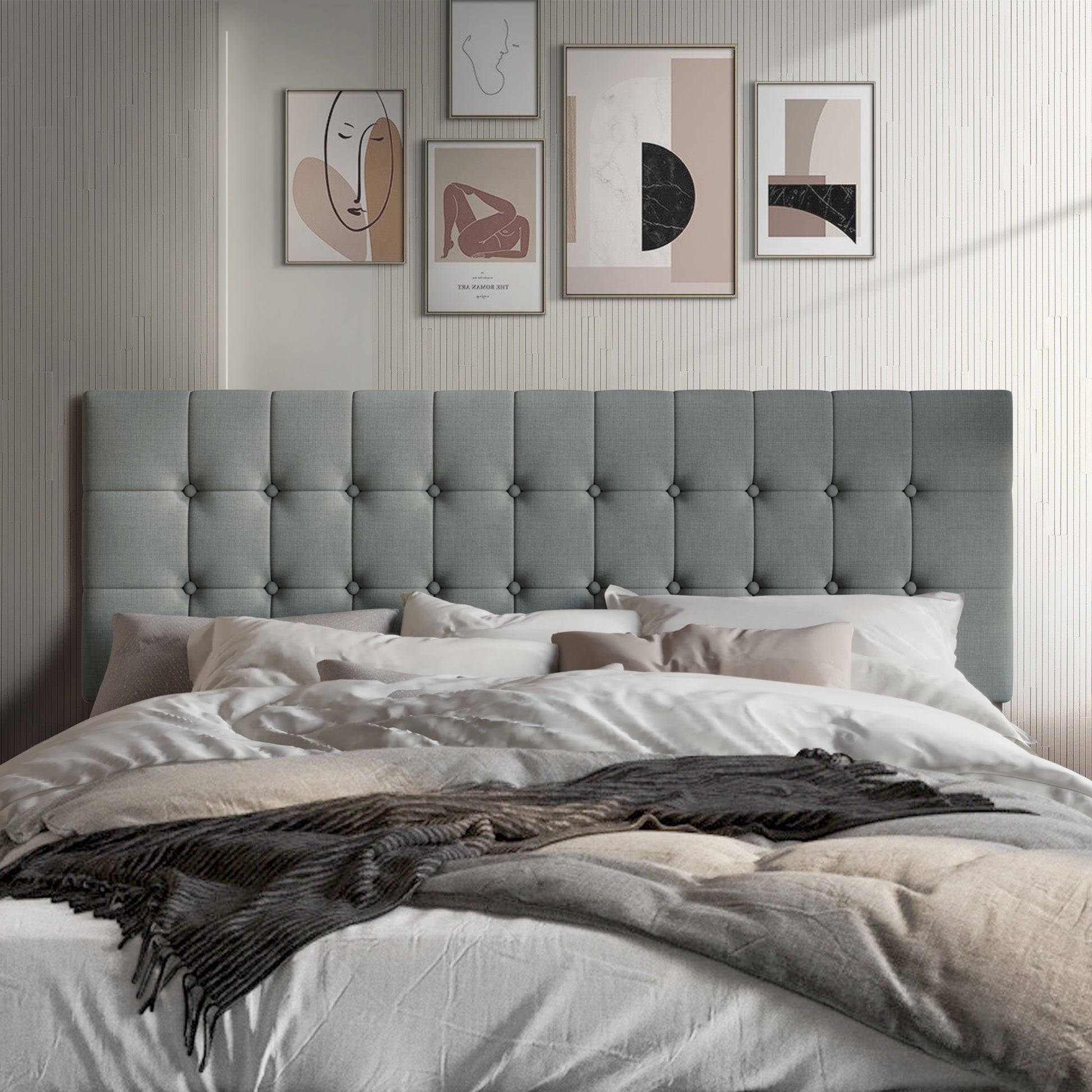 Castle Place Upholstered Button Tufted Linen Headboard, Light Grey, Queen