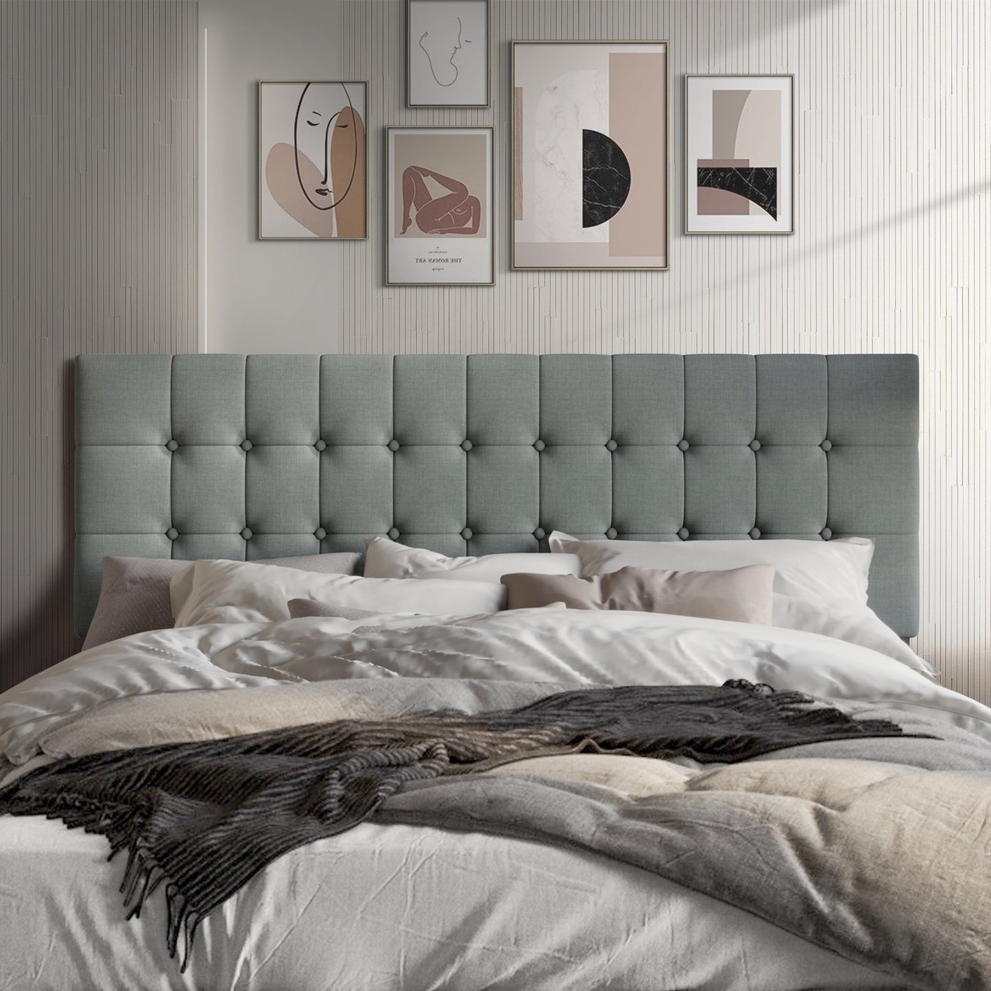 Castle Place Upholstered Button Tufted Linen Headboard, Light Grey, Twin