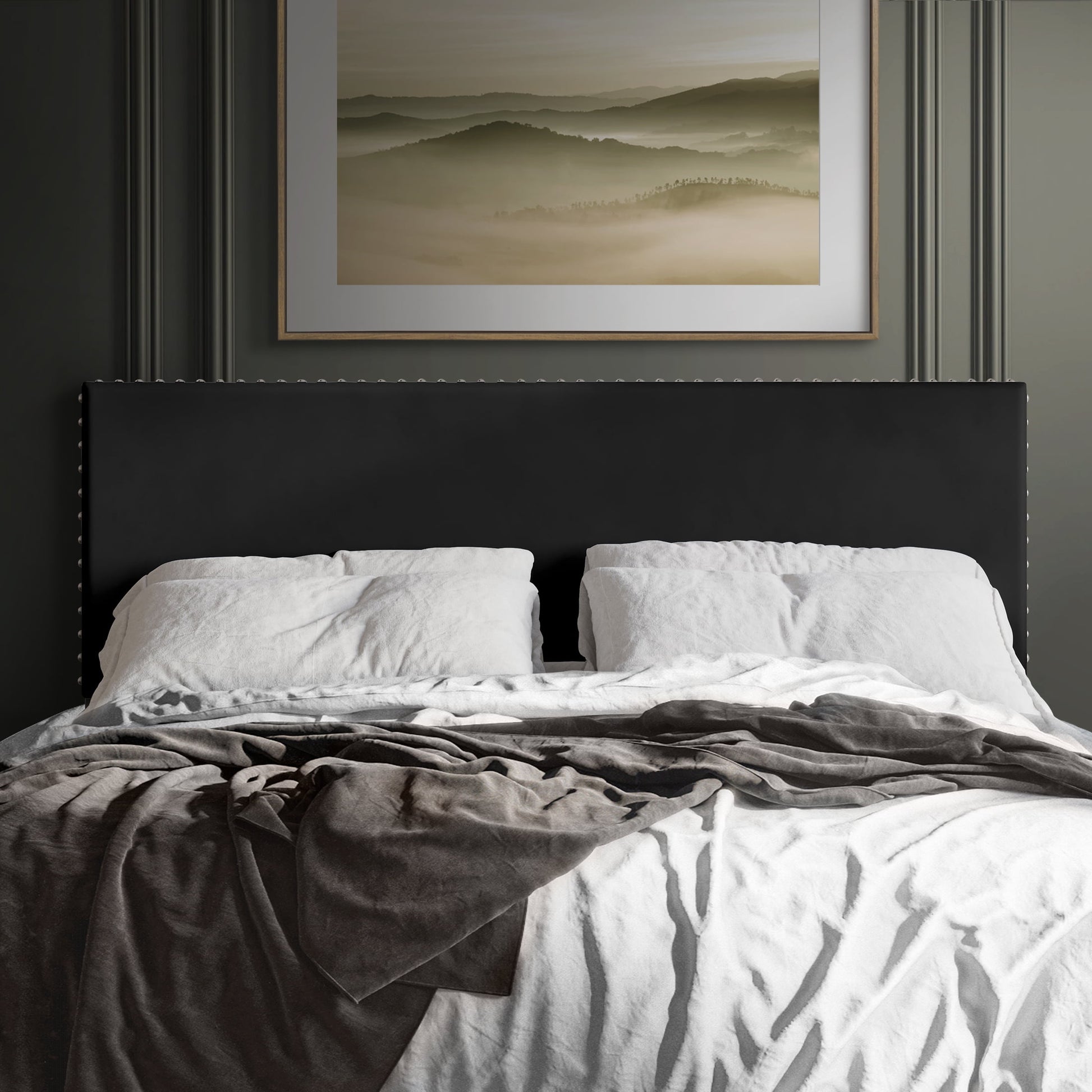 Castle Place Upholstered Nailhead Trim Velvet Headboard, Black, Full