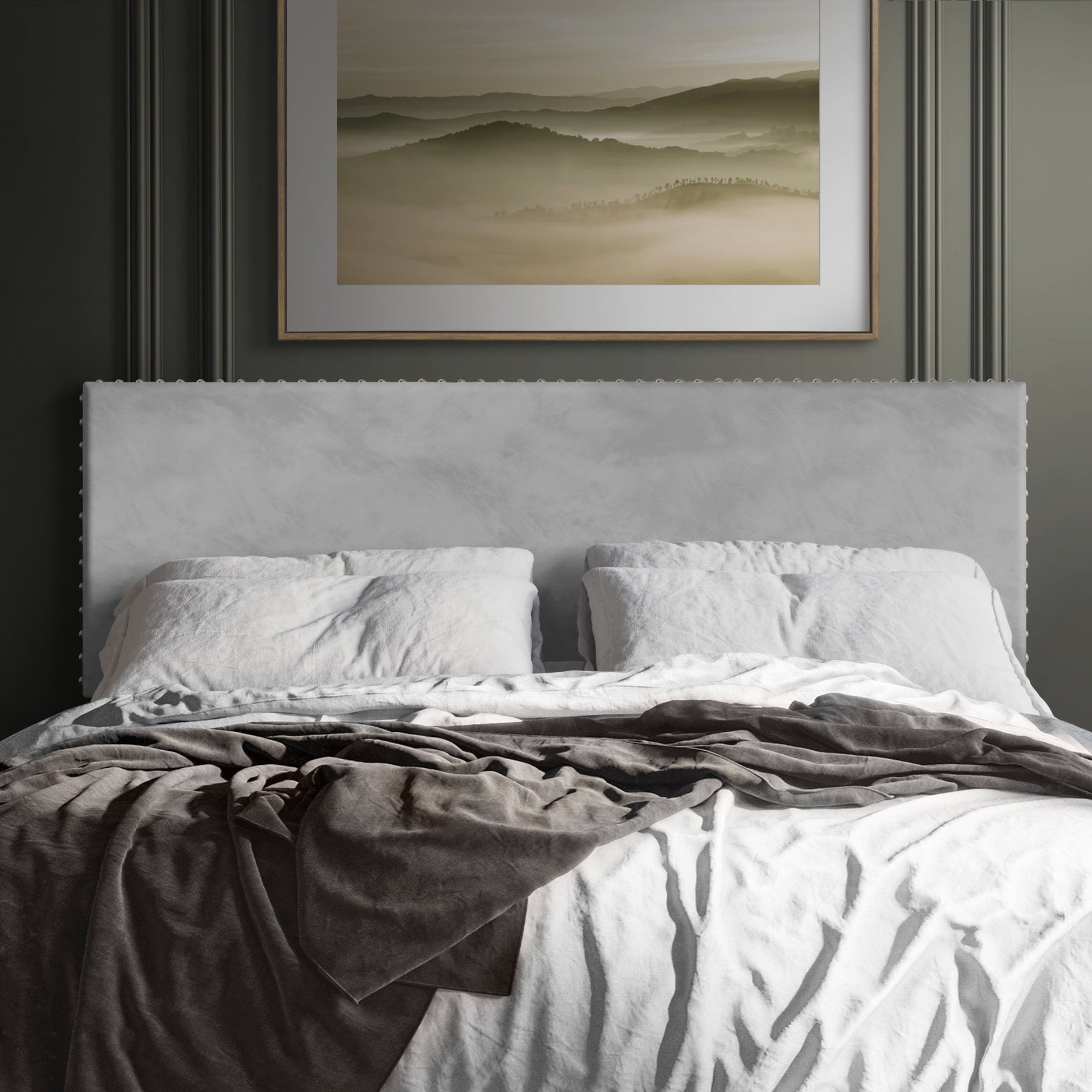 Castle Place Upholstered Nailhead Trim Velvet Headboard, Silver Grey, Queen