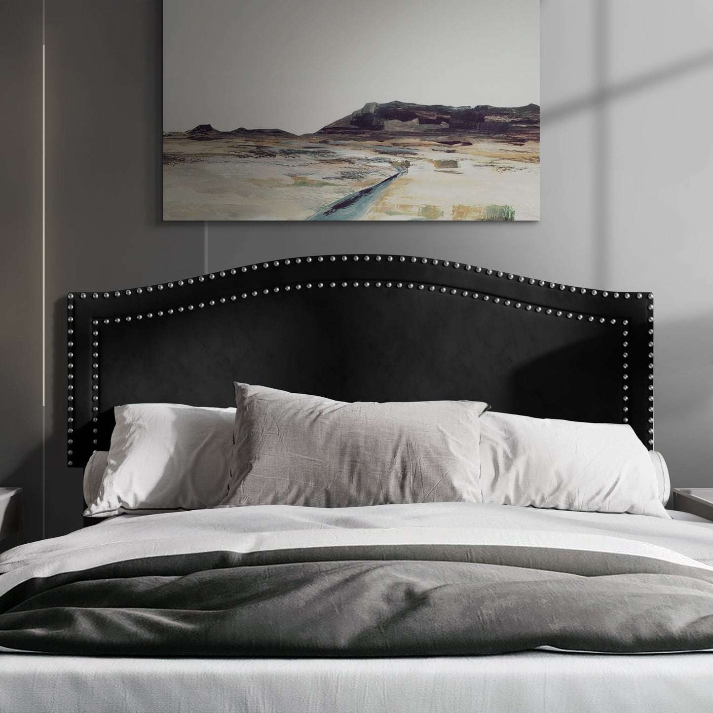 Castle Place Upholstered Nailhead Trimmed Headboard, Black Velvet, Full