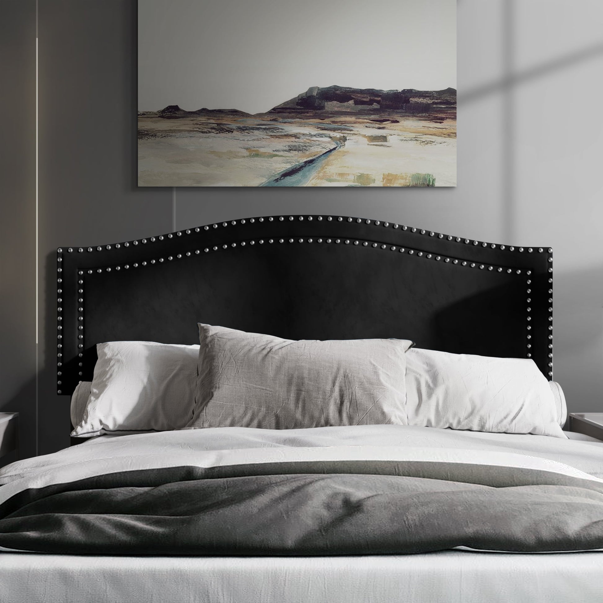 Castle Place Upholstered Nailhead Trimmed Headboard, Black Velvet, Queen