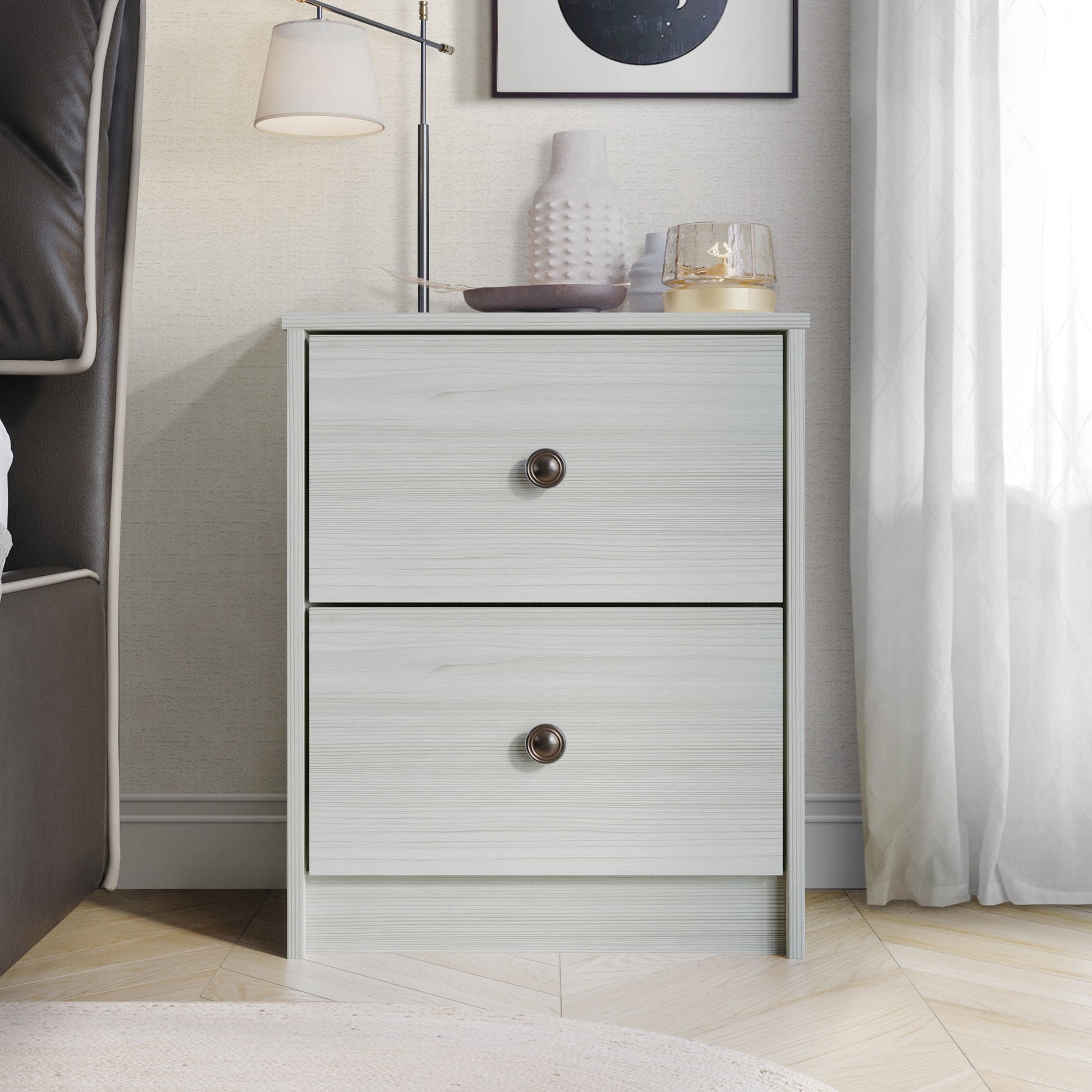 Castle Place Vintage Nightstand with 2 Drawers, Light Gray