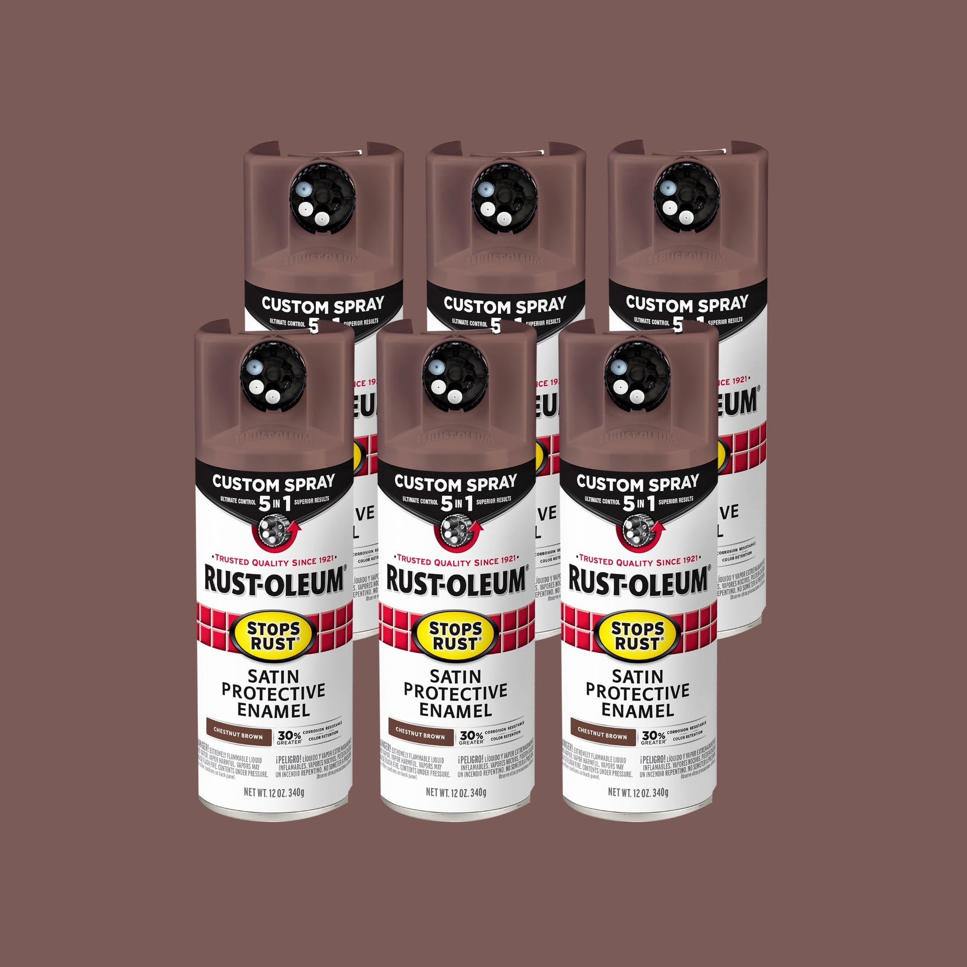 6 Pack, Chestnut Brown, Rust-Oleum Stops Rust Custom Spray 5 in 1 Satin Spray Paint-376877, 12 oz