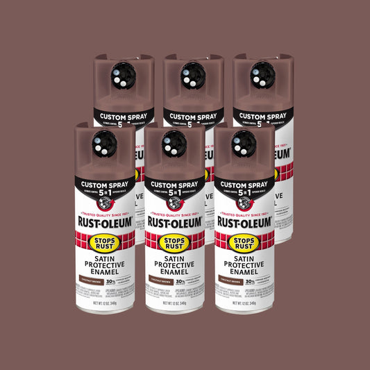 6 Pack, Chestnut Brown, Rust-Oleum Stops Rust Custom Spray 5 in 1 Satin Spray Paint-376877, 12 oz