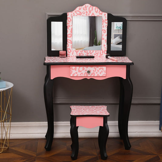 Children Dresser Three-Fold Mirror Single Drawer Arc Feet Red Leopard Print