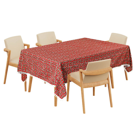 Christmas Plaid Tablecloth with Pom-Poms - Red/Green Fabric Table Cover for Holiday Dinners, Parties & Kitchen Decor 59 x 70in