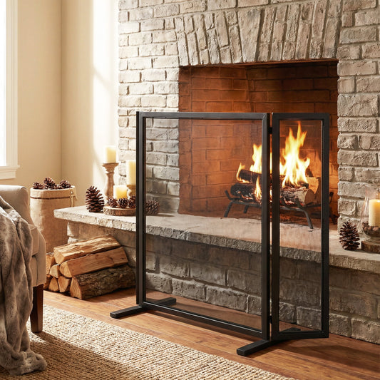 Christopher Knight Home 40" W x 31" H Minimalist Iron Fireplace Screen, 3-Panel Folding Mesh, Black