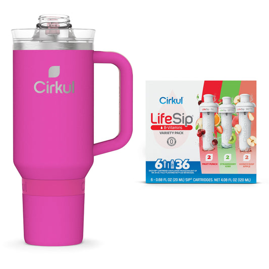Cirkul 40oz All-Day StrawSip, Bright Pink & Cirkul LifeSip Flavor Cartridge Variety Pack, Drink Mix, 6-pack