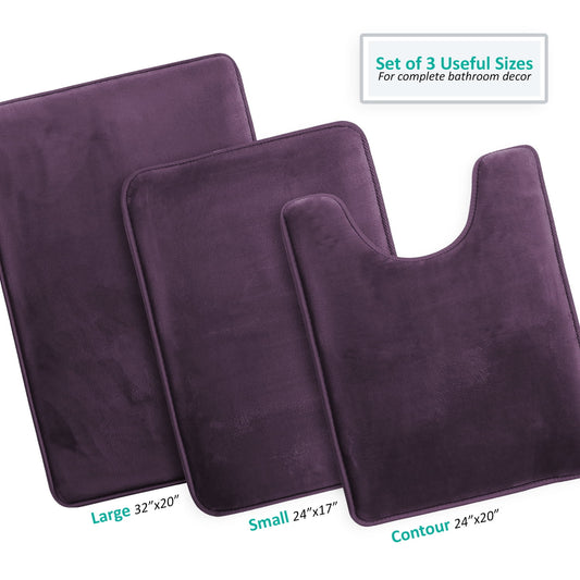 Clara Clark Juego de 3 Piezas de Tapetes de BaÃ±o Premium de Memory Foam - Incluye 20x32, 17x24, Tapete de BaÃ±o Contorneada, Tapetes Absorbentes para el Piso, Berenjena
