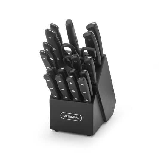 Farberware 20-Piece Triple Riveted Cutlery Knife Block Set with Kitchen Shears, Black