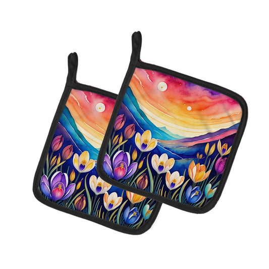 Colorful Crocus Pair of Pot Holders 7.5 in x 7.5 in