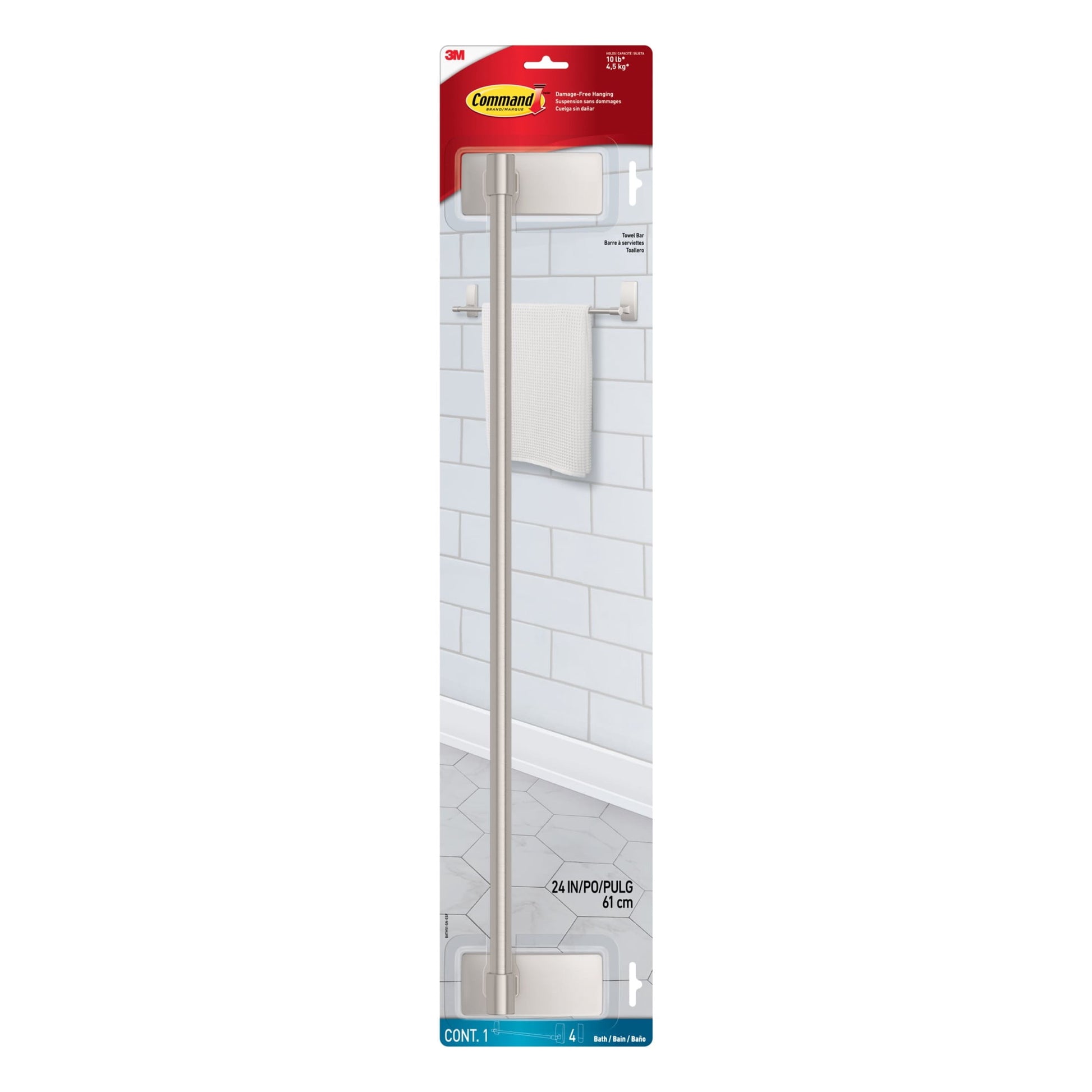 Command Bath Satin Nickel Towel Bar, Holds 10 lbs, 4 Large Strips