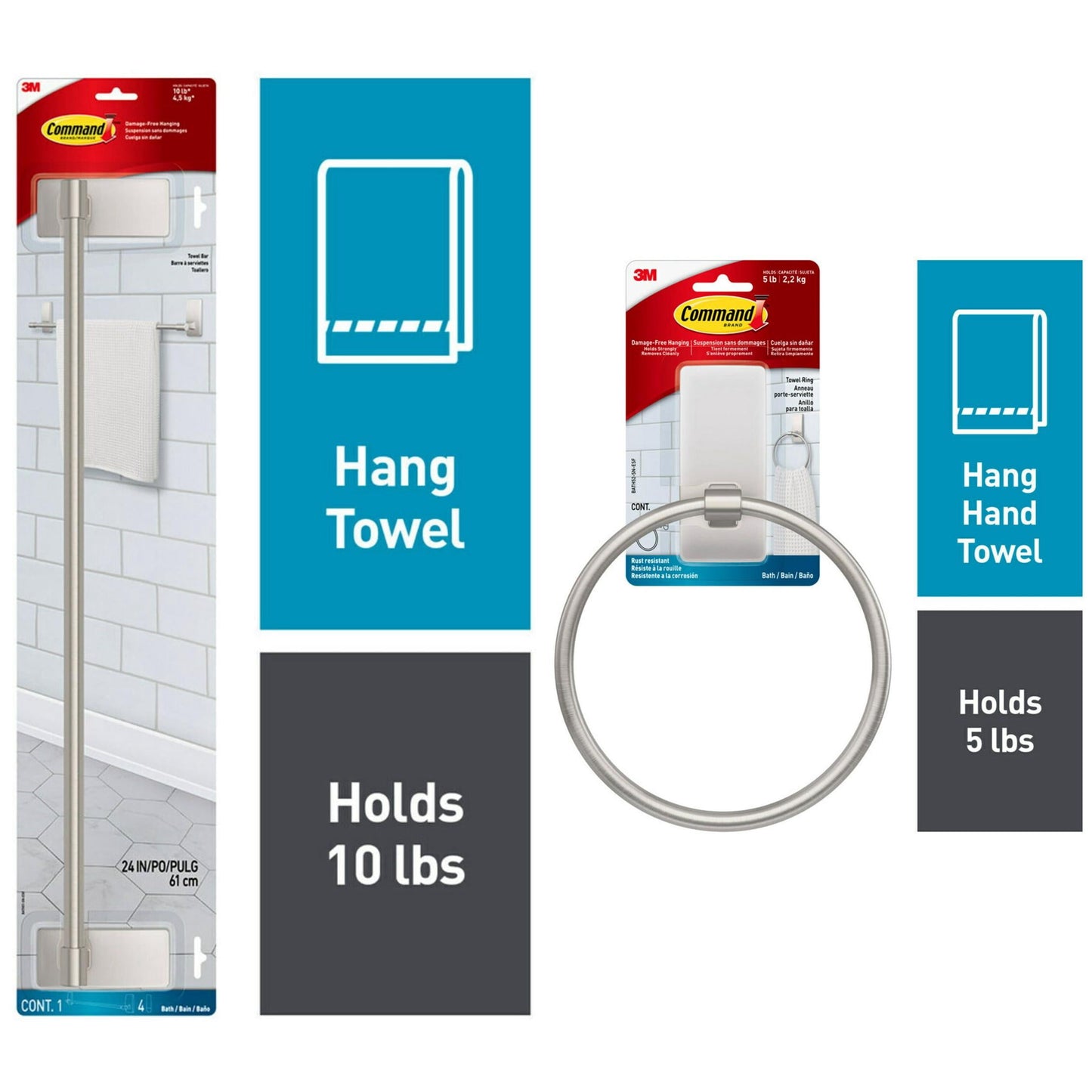 Command Bath Satin Nickel Towel Ring and Command Bath Satin Nickel Towel Bar